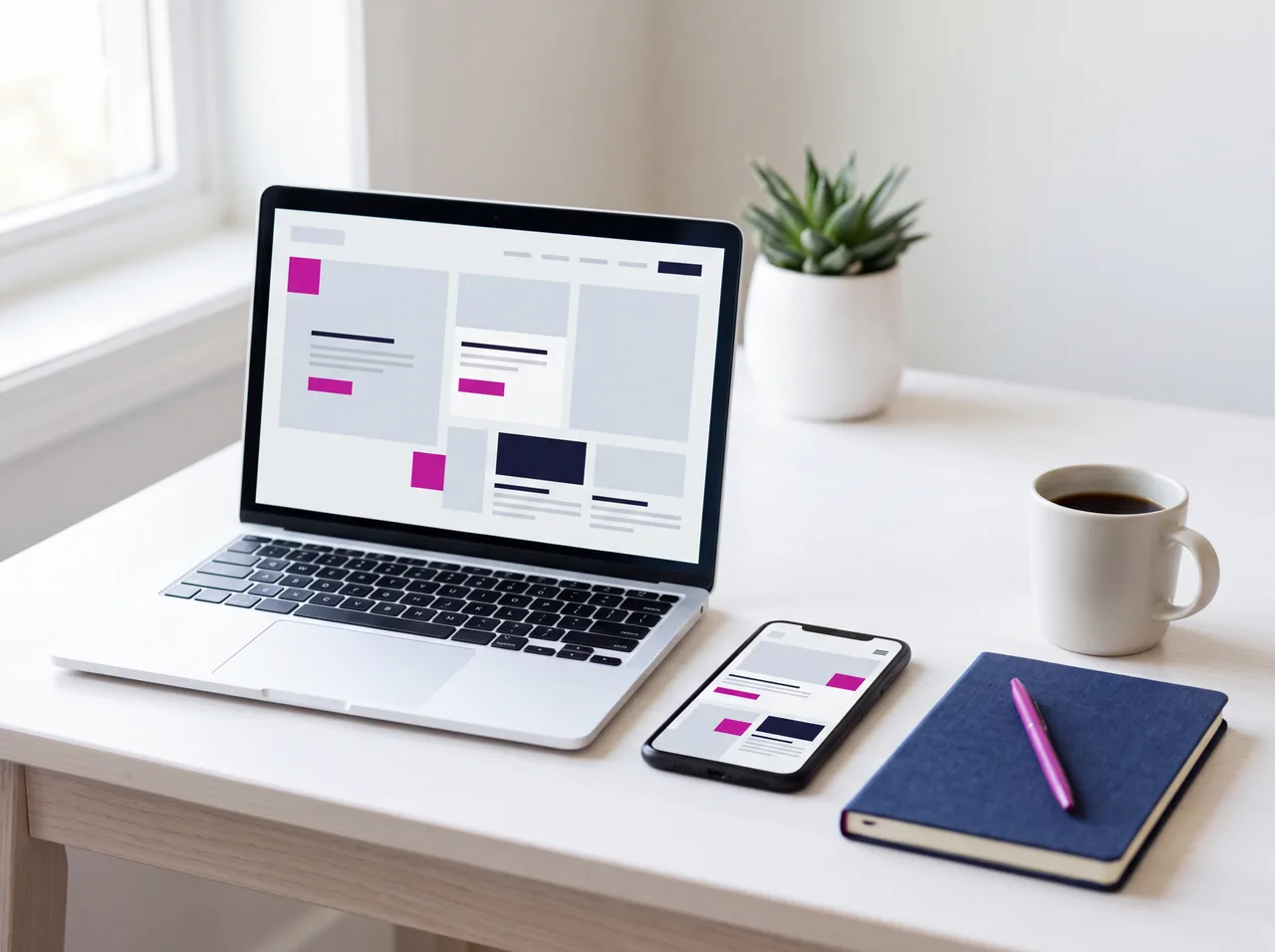 Laptop en telefoon met een website-ontwerp op een licht bureau