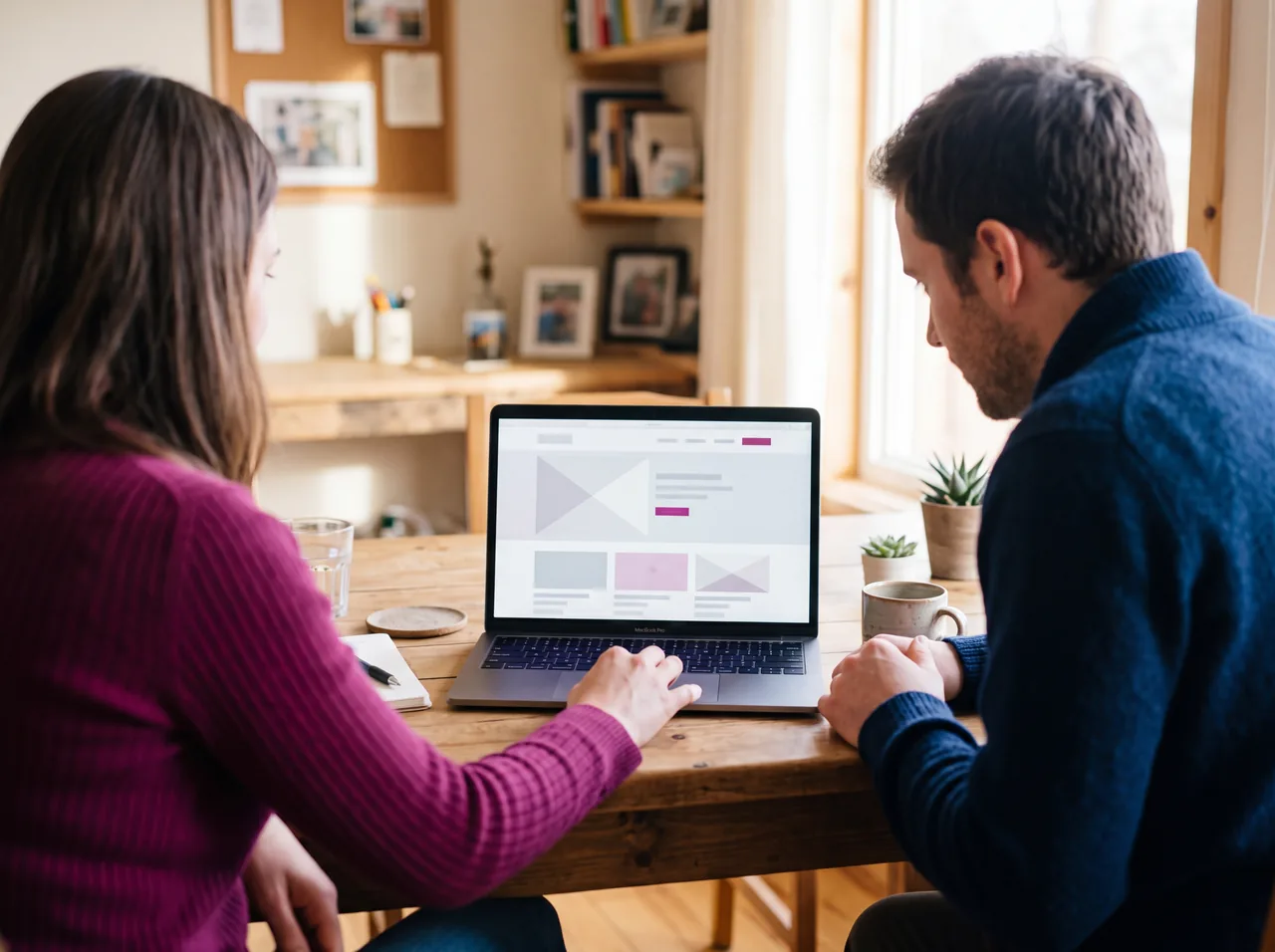 Twee mensen bekijken samen een website-ontwerp op een laptop
